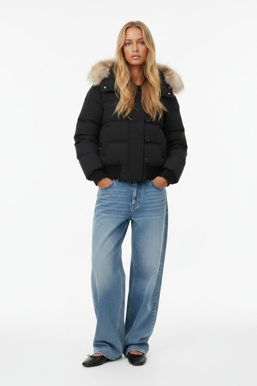Veste courte en coton avec col en fourrure — Ambre