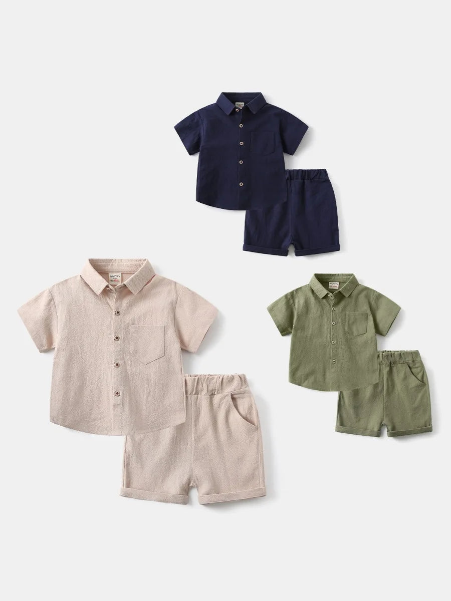 Nouvel ensemble de vêtements d'été pour enfants 2-6T, version coréenne, tenue ample pour enfants, 2 pièces, chemises fines de couleur unie pour garçons + shorts