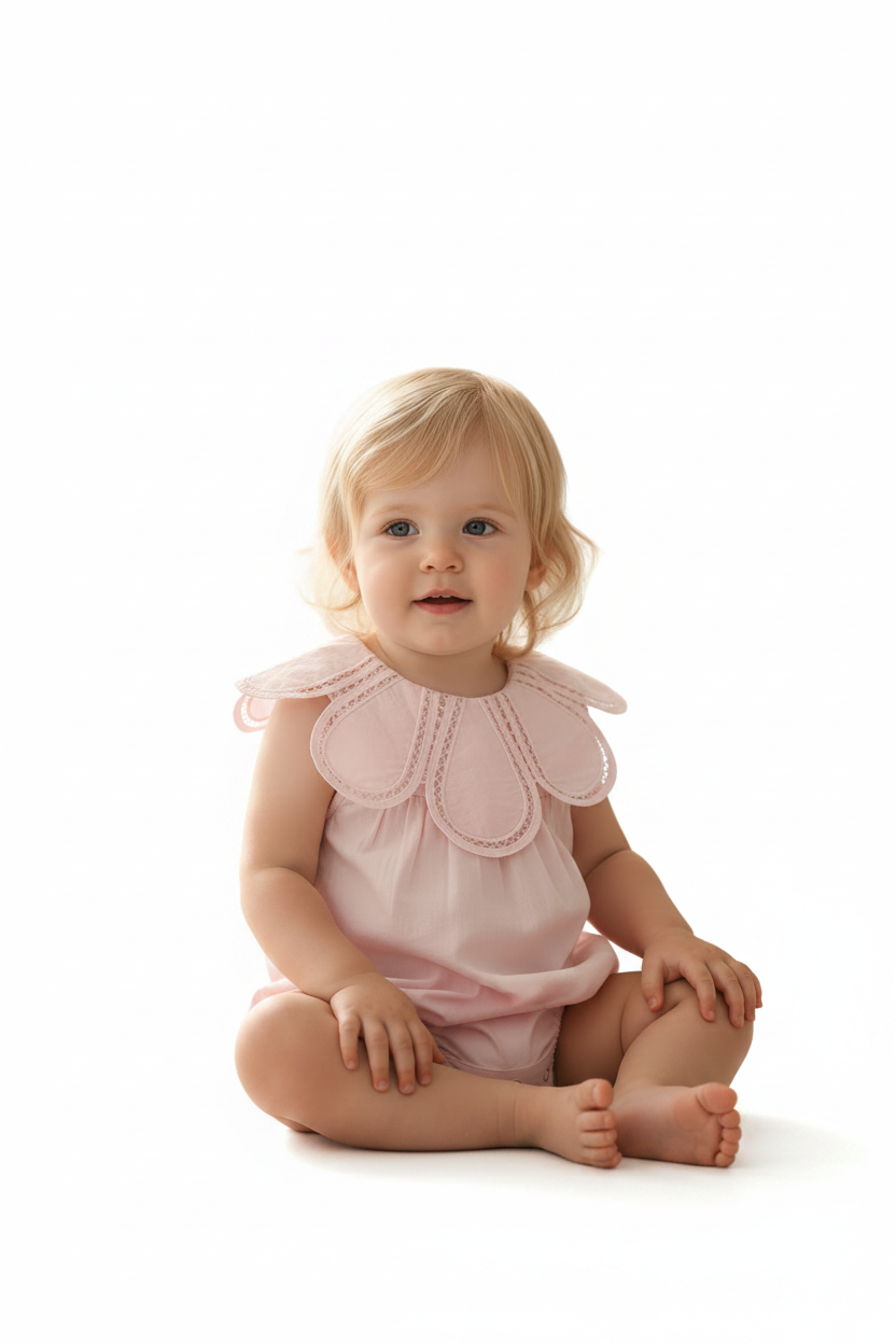 Option 1 : Robe fille col fleur. Option 2 : Barboteuse col fleur.