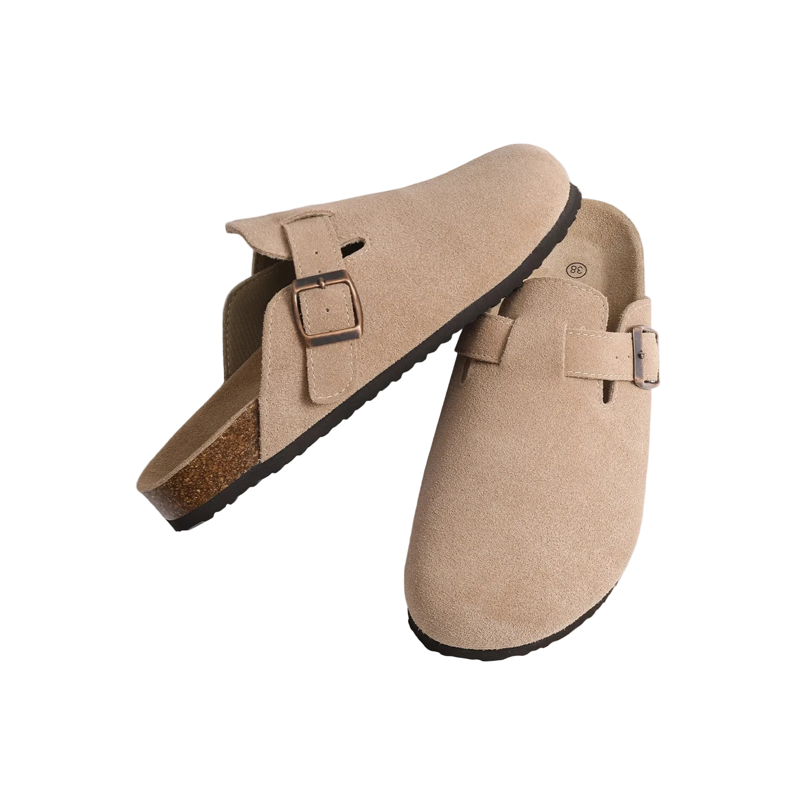 Klassische Pantoletten aus Veloursleder und Kork, rutschfest