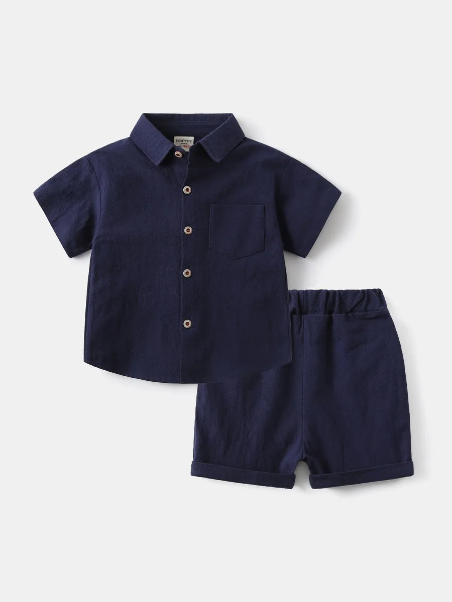 Nouvel ensemble de vêtements d'été pour enfants 2-6T, version coréenne, tenue ample pour enfants, 2 pièces, chemises fines de couleur unie pour garçons + shorts