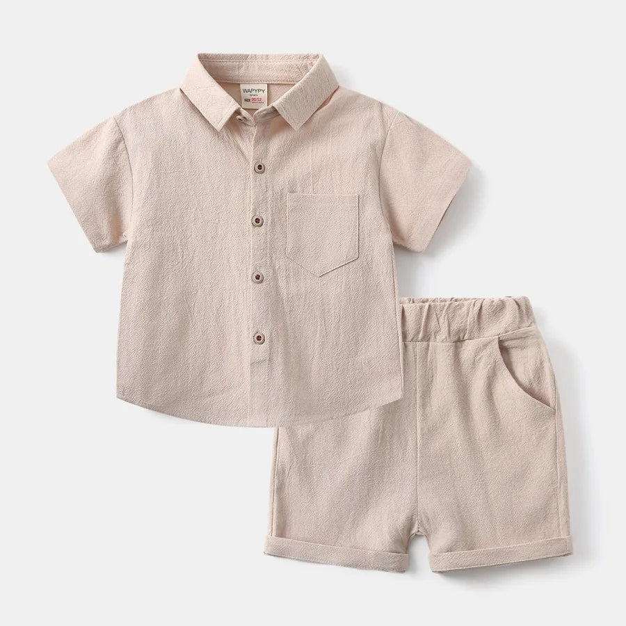 Nouvel ensemble de vêtements d'été pour enfants 2-6T, version coréenne, tenue ample pour enfants, 2 pièces, chemises fines de couleur unie pour garçons + shorts